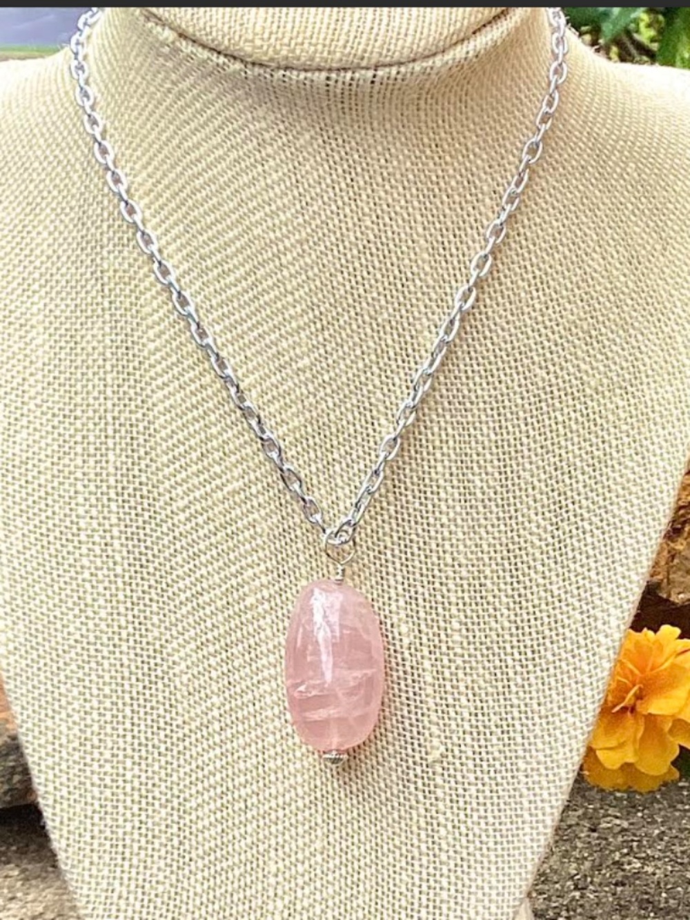 Handmade Rose Quartz Nugget Silver Tone Pendant Necklace, 20'', NWT